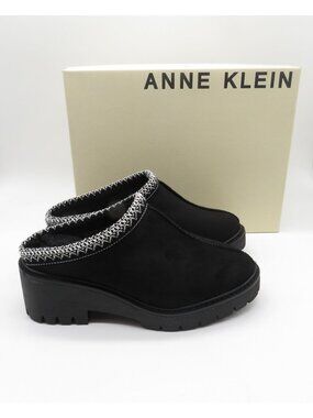 Anne Klein Black Suede Clogs Embroidered Trim Chunky Sole Size 6M NEW